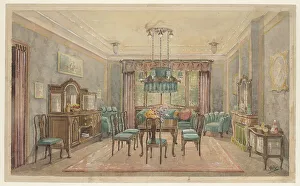 Dining Chair Prints: Dining room with green canapé, c.1925. Creator: Monogrammist HK
