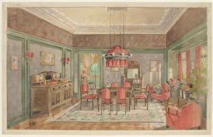 Dining Chair Prints: Dining room with red chairs, c.1925. Creator: Monogrammist HK