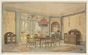 Dining Chair Prints: Dining room with yellow walls and red lamp, c.1925. Creator: Monogrammist HK