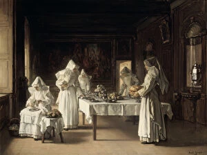 Dining Hall Gallery: Dinner at the Hospice of Beaune, France, late 19th / early 20th century. Artist: Claude Joseph Bail