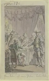 Surprise Prints: Dinner scene: a knight approaches a laid table and greets a seated man