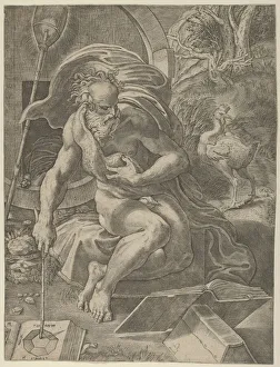 Gian Jacopo Caraglio Prints: Diogenes seated with his barrel behind him, and reading a book while holding a stic