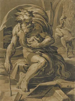 Images Dated 10th November 2020: Diogenes, seated before his barrel, reading from a book, a plucked hen standing beh