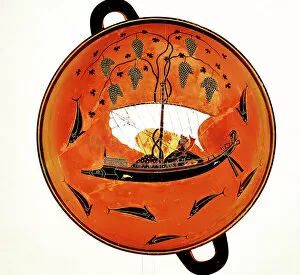 Fruit Collection: Dionysius in a sailing boat surrounded by dolphins, Ancient Greek dish (Krater), 530 BC
