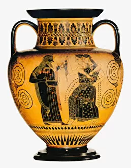 Ovid Gallery: Dionysus and two Maenads. Attic black-figured amphora, ca 550-530 BC