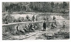 Disassembling works by Chinese workers during the construction of the Trans-Siberian Railway