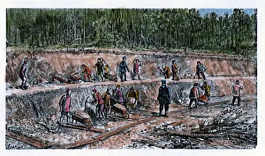 Disassembling works by Chinese workers during the construction of the Trans-Siberian Railway