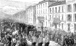 Mourner Prints: The Disaster at Nice: funeral passing through the Rue Cassini, 1881. Creator: Unknown