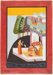 Northwestern India Prints: A Disconsolate Lady on a Terrace with Attendants, c. 1730. Creator: Unknown