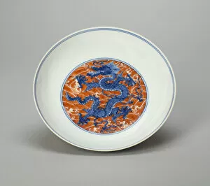 Underglaze Blue Gallery: Dish with Dragon Writhing amid Waves, Qing dynasty (1644-1911), Kangxi reign (1662-1722)