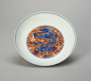 Underglaze Blue Gallery: Dish with Dragon Writhing amid Waves, Qing dynasty (1644-1911), Kangxi reign (1662-1722)
