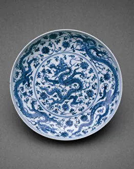 Underglaze Blue Gallery: Dish with Dragons Writhing amid Floral Scrolls, Ming dynasty (1368-1644)