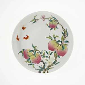 Chiroptera Collection: Dish with Fruiting Peaches, Tree Peony, Flowering Plum, and Bats, Qing dynasty