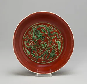 Overglaze Prints: Dish with Paired Dragons, Cloudscrolls, and Flaming Pearl, Ming dynasty