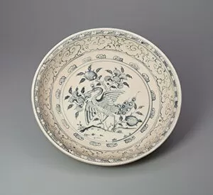 Peacock Collection: Dish with Peacock and Floral Motif, 15th century. Creator: Unknown