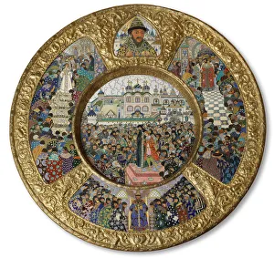 Dish with scenes the Election of Michail Romanov to the Tsar on 14 March 1613, 1913 Dish with scenes the Election of Michail Romanov to the Tsar on 14 March 1613, 1913