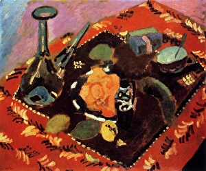 Henri Mile Benot Prints: Dishes and Fruit on a Red and Black Carpet