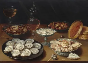 Oysters Prints: Dishes with Oysters, Fruit, and Wine, c. 1620 / 1625. Creator: Osias Beert the Elder