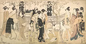 Triptych Of Polychrome Woodblock Prints Gallery: Display of Treasures at Mimeguri Shrine (Mimeguri jinja no onkaicho), 1799