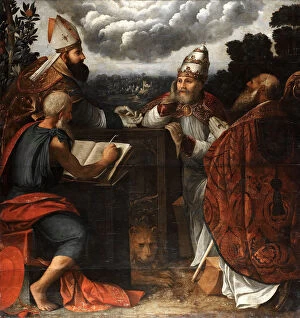 Hermit Collection: Dispute of four Church Fathers on the Immaculate Conception, 1541. Artist: Dossi, Dosso (ca)