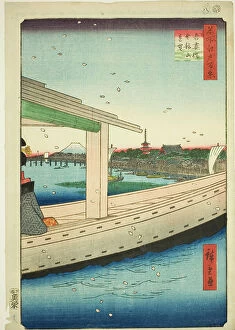 Cartouche Collection: Distant View of Azuma Bridge and Kinryuzan Temple (Azumabashi Kinryuzan enbo), from the se... 1857
