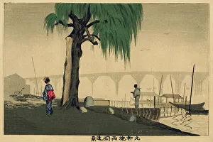 Tranquillity Prints: Distant View of Ryogoku from Motoyanagi Bridge, c1879. Creator: Kobayashi Kiyochika