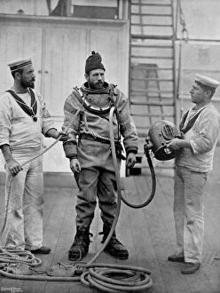 Diving Helmet Gallery: A diver from the battleship HMS Camperdown in his divers dress, 1896. Artist: Gregory & Co