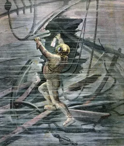 Sea Bed Prints: A diver searching a wreck in La Havre harbour, France, 1892. Artist: Henri Meyer