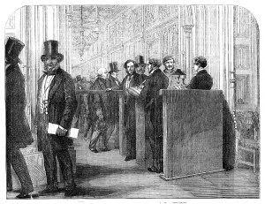 Clerk Prints: The Division Lobby, House of Commons: Taking the Votes, 1857. Creator: Unknown
