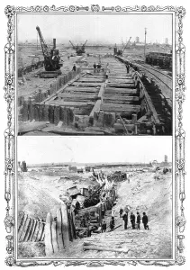 Industrial Accident Prints: The Dock Disaster at Newport: the fatal trench before and after... 1909. Creator: Collins