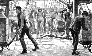 Trolley Gallery: Dockers unloading tea in London Docks, 1889
