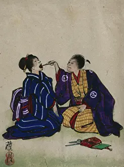 Open Mouth Prints: A doctor examining a woman's mouth; doctor and patient are kneeling on the floor