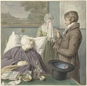 Sickbed Prints: Doctor visits a sick old woman in bed