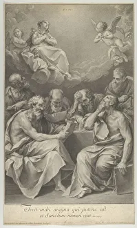 Latin Collection: The doctors of the church consulting books and documents and contemplating the Virgin... ca. 1722
