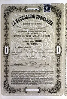 1864 Prints: Document of 25 duros (Spanish coin) of the A Series of society La Navegacion Submarina