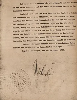 Document confirming the abdication of Kaiser Wilhel II of Germany, 9 November 1918 (1935) Document confirming the abdication of Kaiser Wilhel II of Germany, 9 November 1918 (1935)