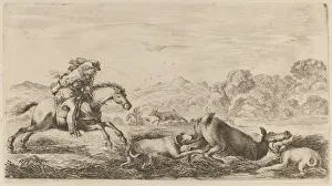 Deer Hunting Prints: Doe in a Marsh Attacked by Two Dogs. Creator: Stefano della Bella