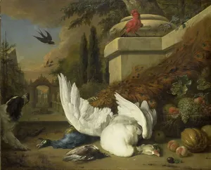 A Dog with a dead Goose and Peacock (A Study of Game and Fruit), c.1700. Creator: Jan Weenix