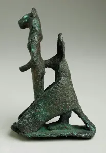 7th Century Bc Prints: Dog Headed Bird Figurine Protecting a Female Lioness Deity
