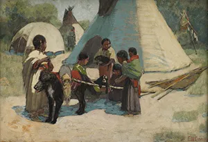Tipis Prints: Dog Travois / Blackfoot Camp, late 19th-early 20th century. Creator: Edwin Willard Deming