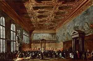 The Doge of Venice Giving Audience in the Sala del Collegio in the Doge?s Palace. Artist: Guardi, Francesco (1712-1793)