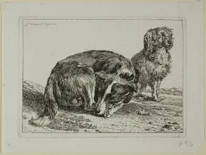 Laying Prints: Two Dogs Resting, from Die Zweite Thierfolge, 1800. Creator: Johann Christian Reinhart