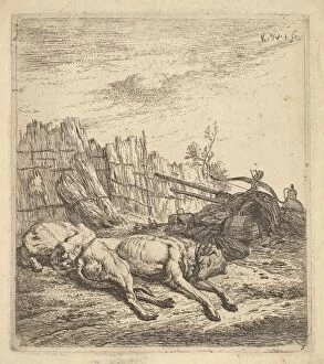 Plough Gallery: Two dogs sleeping on the ground; a plough, farm equipment, bunches of straw, and a
