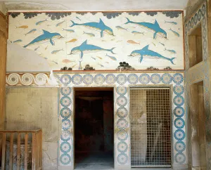 Dolphin Fresco, Megaron of the Queen, Knossos Palace, Minoan civilization, Crete, Greece (2000). Creator: LTL
