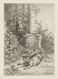 A Domestic Cat Playing with a Garter Snake, ca. 1860. Creator: Karl Bodmer