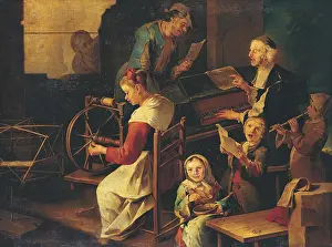 Machine Prints: Domestic Scene with Musicians and Woman Spinning