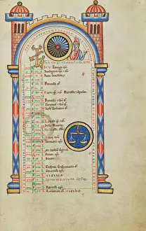 Libra Prints: Domitian (?); Zodiacal Sign of Libra; Stammheim Missal, probably 1170s. Creator: Unknown