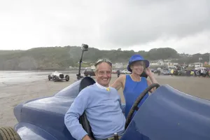 Donald Prints: Don Wales and Blue Bird fan Claire Meadows Pendine Sands 2015. Creator: Unknown
