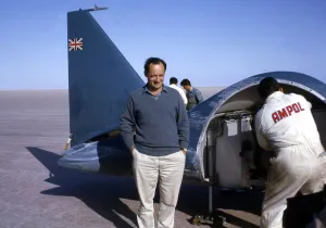 Donald Campbell in front of Bluebird CN7, Lake Eyre, Australia, 1964. Creator: Unknown Donald Campbell in front of Bluebird CN7, Lake Eyre, Australia, 1964. Creator: Unknown