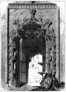 Door of the Imperfect Chapel, Monastery of Batalha, Portugal, 1886. Santa Maria da Vitoria na Batalha, more commonly known as the Batalha Monastery, is a Dominican monastery in the Portuguese town of Batalha, in the District of Leiria, Portugal. It is one of the best and original examples of Late Gothic architecture in Portugal, intermingled with the Manueline style, and has become a symbol of national pride Door of the Imperfect Chapel, Monastery of Batalha, Portugal, 1886.Artist: Therond